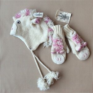 Nirvana Designs Unicorn Hat.Hand Knit + Mittens. wool. Handmade.NEW.M/L youth